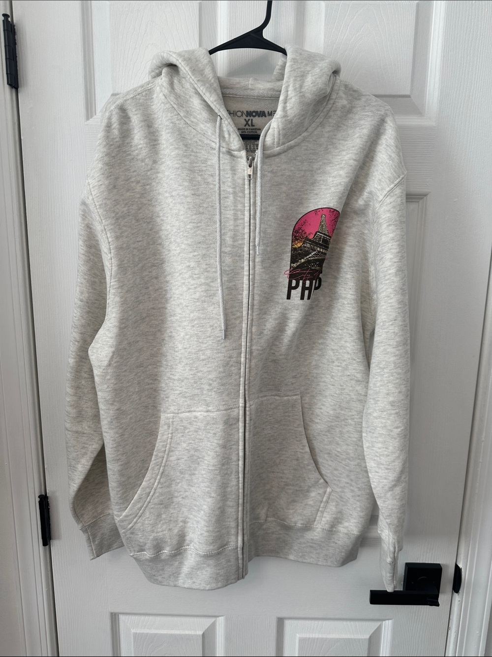 Light Gray Zip-Up Hoodie with Pink Graphic